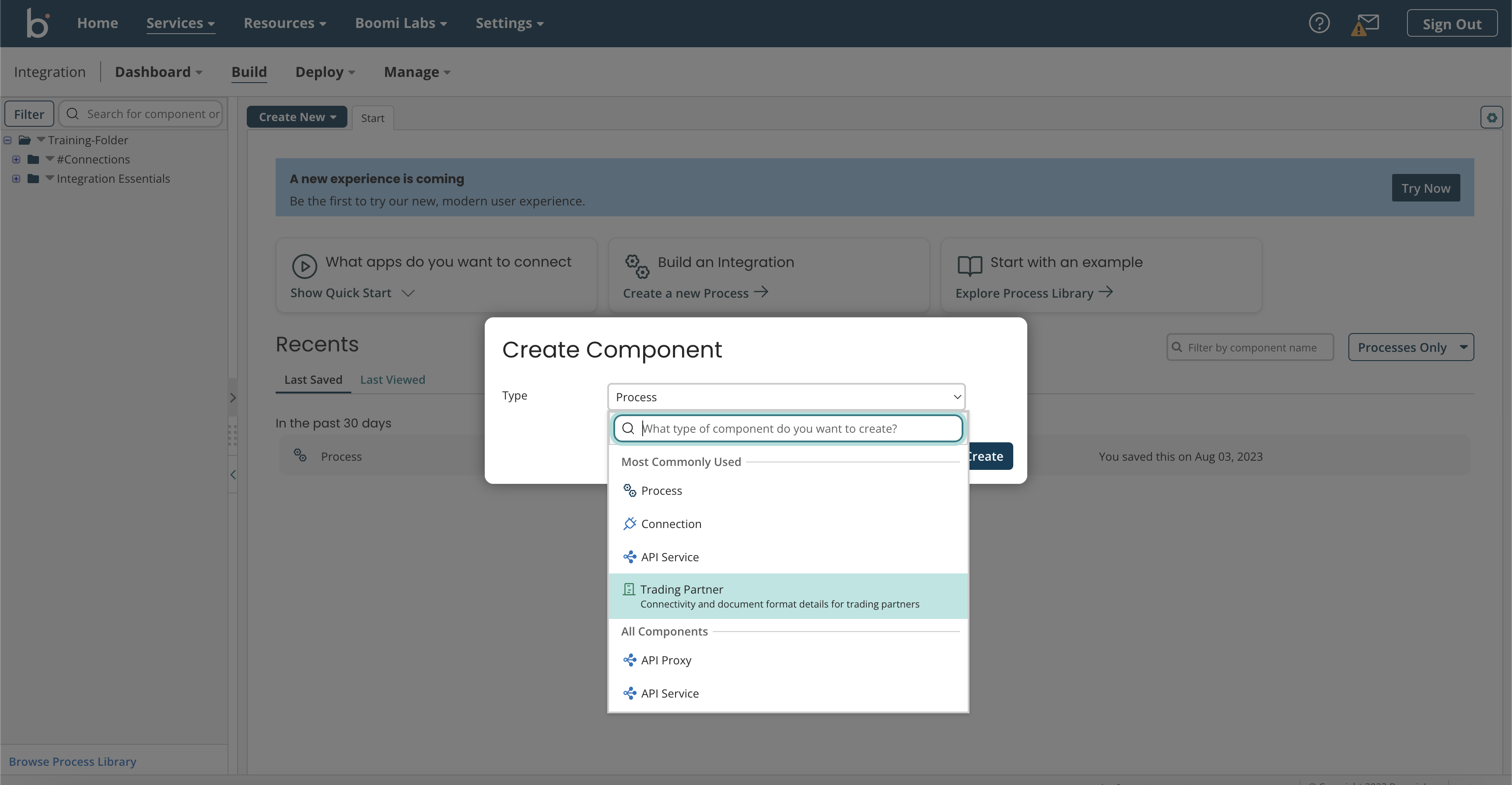 Create Component popup