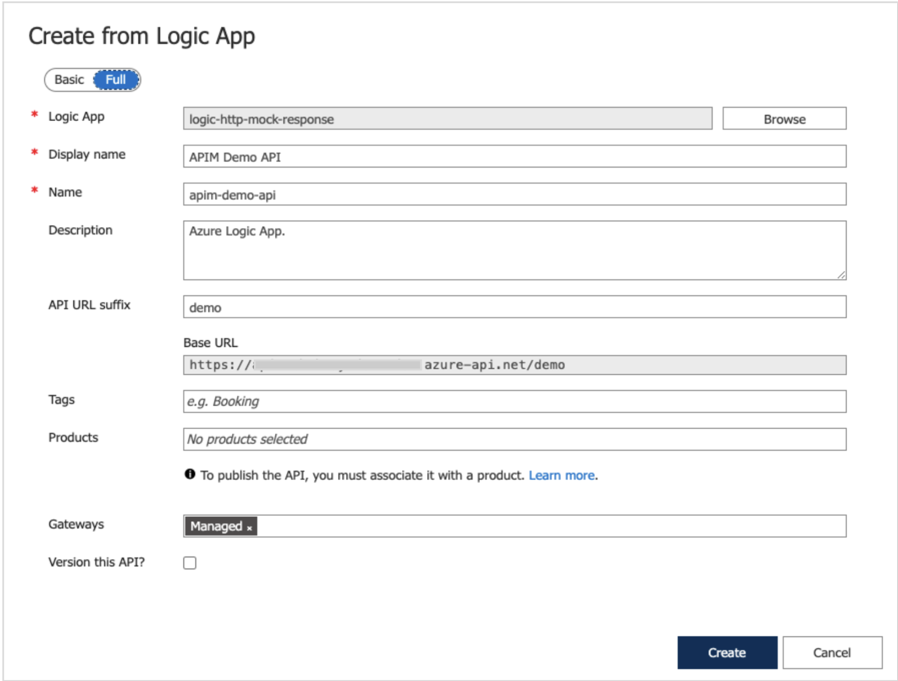 Create from Logic App dialog box (Full tab)